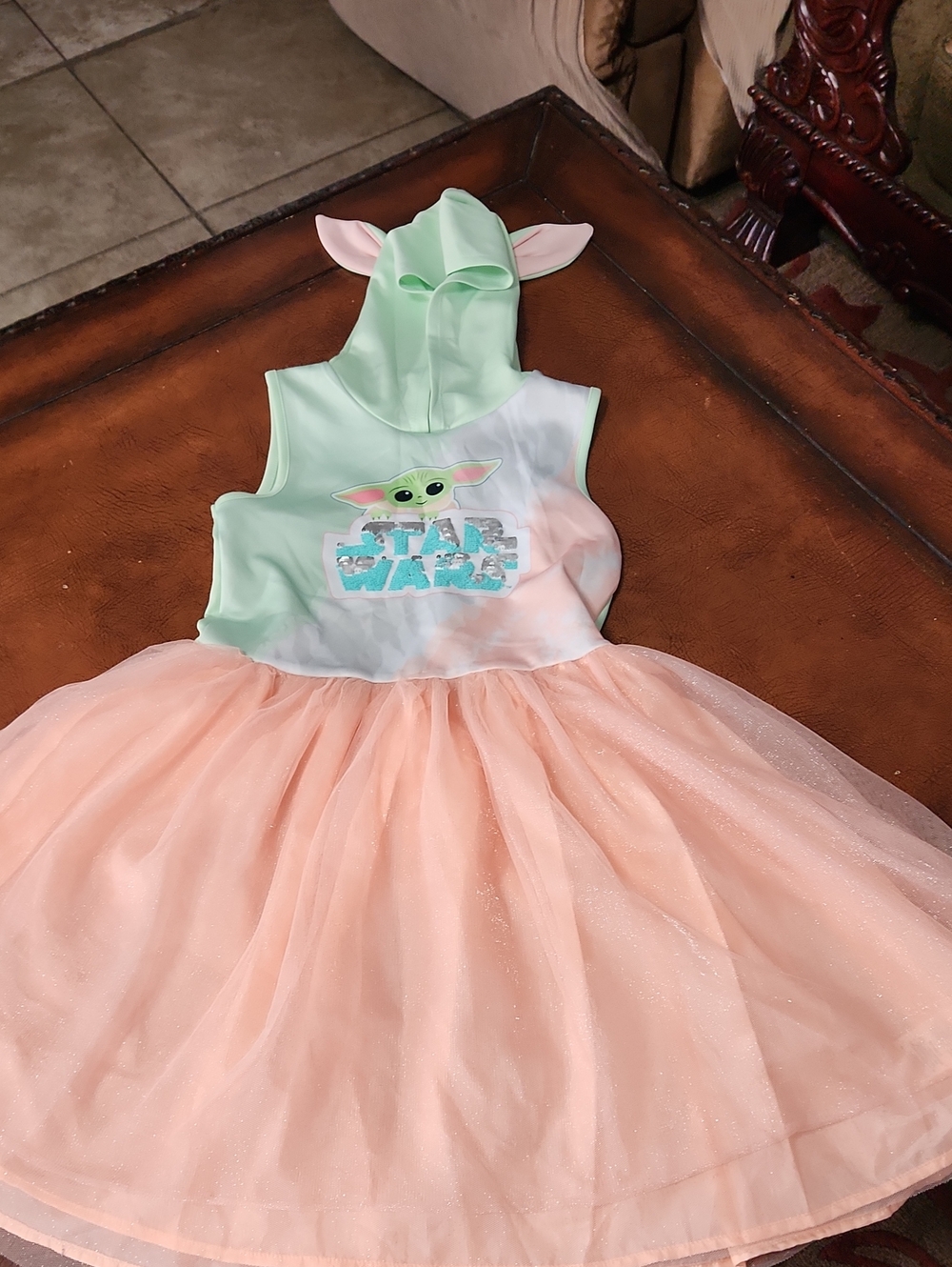 Star Wars Mint & Peach Hooded Tulle Baby Yoda Dress